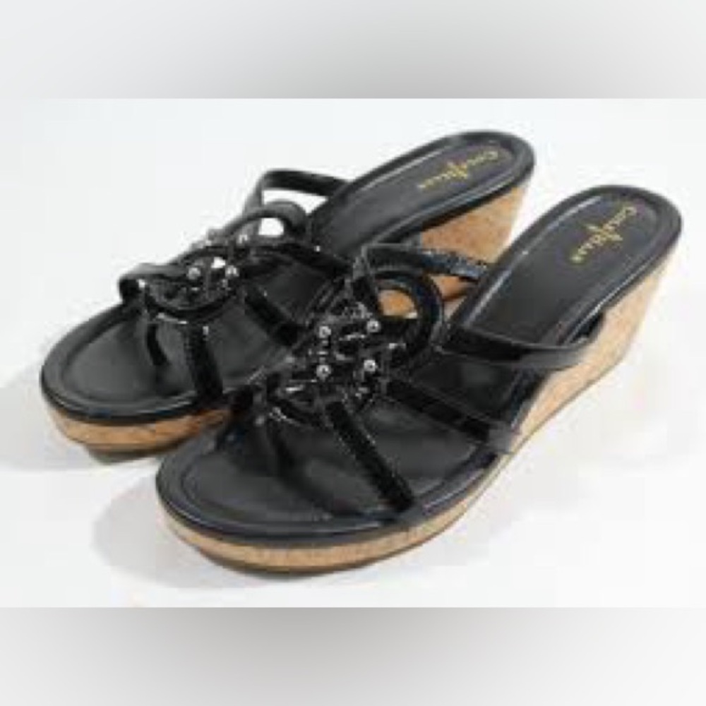 Cole Haan Shayla Slides Black Patent Leather Wedge Sandals Size 9.5